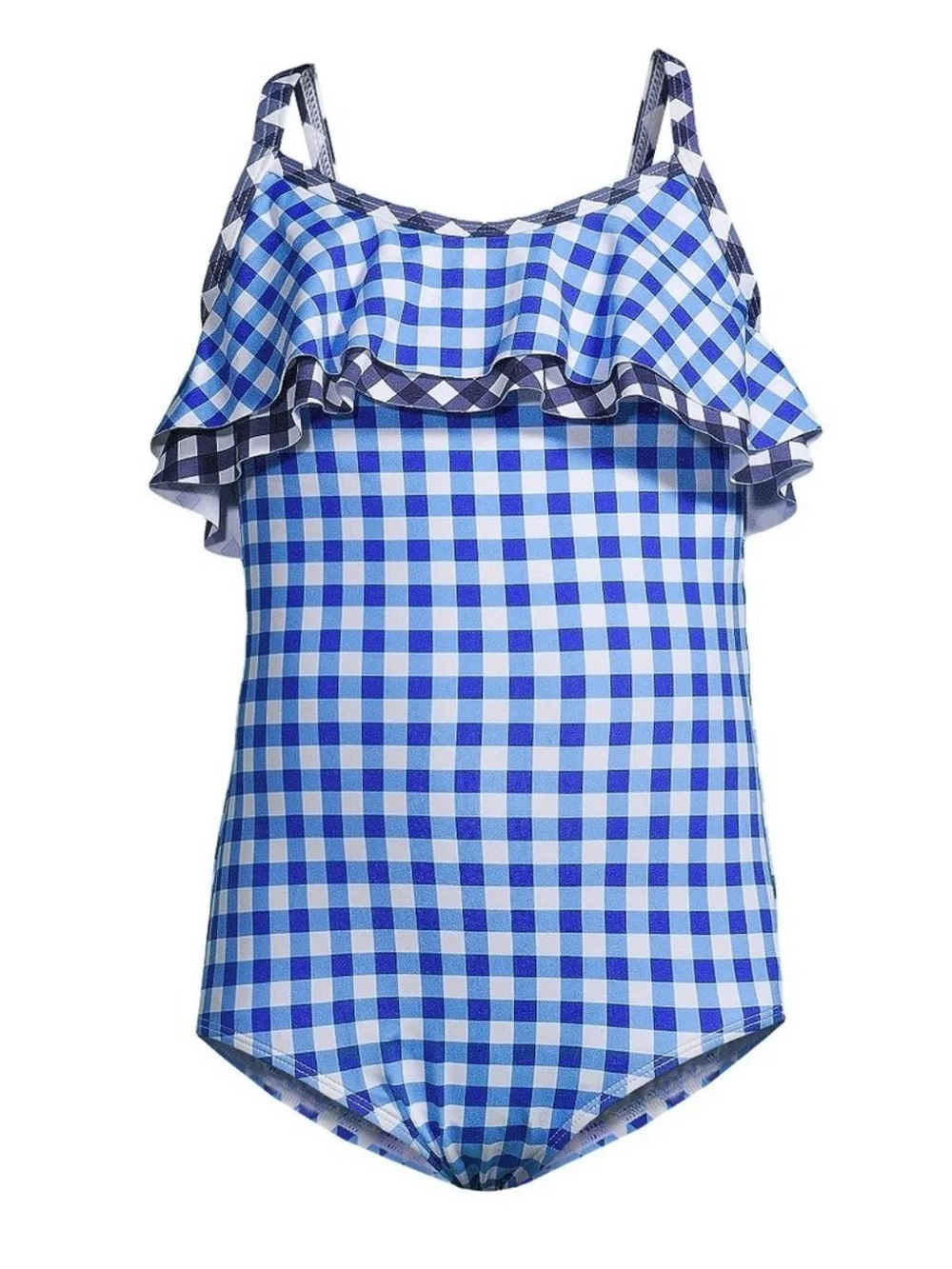 NWOT Draper James Lands End Blue and White Gingham Ruffle One-Piece Swimsuit